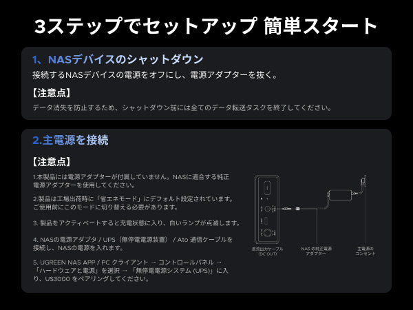 UGREEN NAS用UPSの3ステップセットアップ手順(NASのシャットダウン、主電源接続、注意事項)