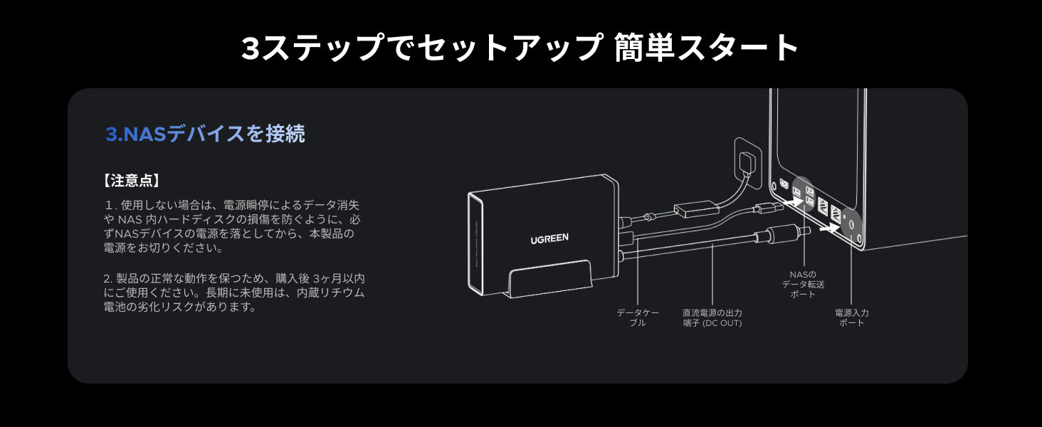 UGREEN NAS用UPSのセットアップ手順ステップ3:NASデバイスへの接続方法と配線図