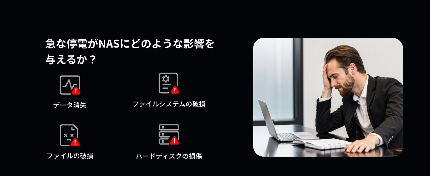 停電によるNASへの影響(データ消失、ファイル破損、ファイルシステム破壊、ハードディスク損傷)とトラブルに悩むユーザーのイメージ