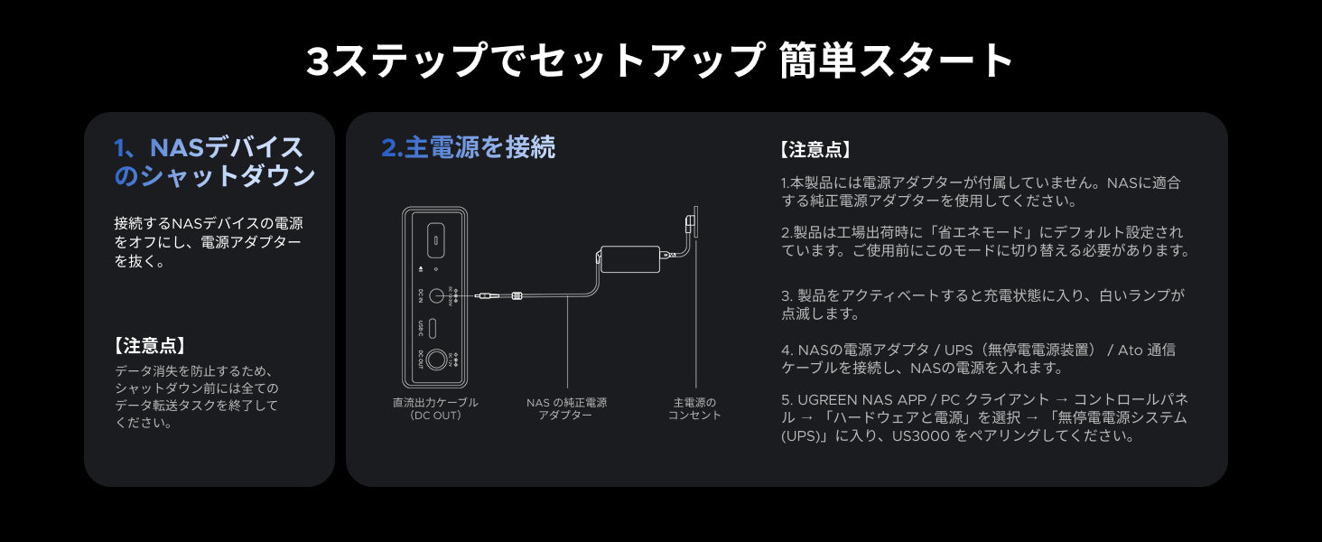 UGREEN NAS用UPSの3ステップセットアップ手順(NASのシャットダウン、主電源接続、注意事項)