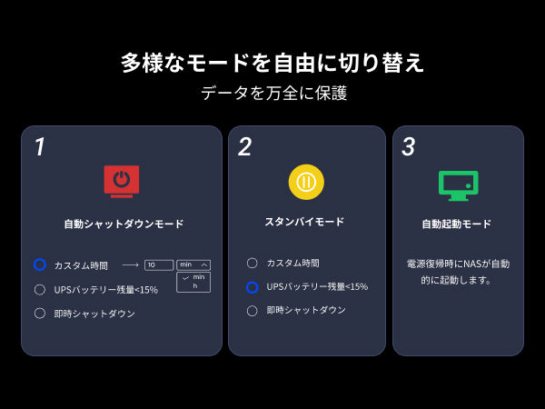 UGREEN NAS用UPSの動作モード（自動シャットダウン、スタンバイ、自動起動）の切り替え設定画面