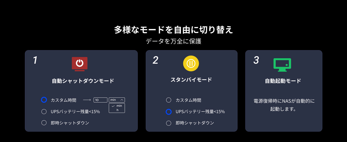 UGREEN NAS用UPSの動作モード（自動シャットダウン、スタンバイ、自動起動）の切り替え設定画面